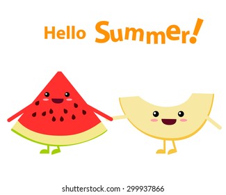 Watermelon and melon character. Hello summer. Vector illustration