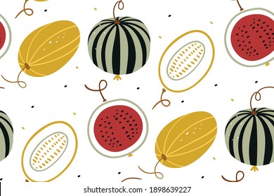 Watermelon and melon in a flat style. Summer fruits isolated on white background. Vector watermelon background with black seeds. Seamless watermelons pattern.