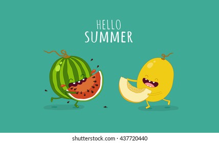 watermelon and melon. Hello summer. Use for card, poster, banner, web design and print on t-shirt. Easy to edit. Vector illustration.