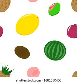 watermelon, melon, mango, pomegranate, coconut, kiwi folded in seamless background, for cover, print on fabric, isolated on white background