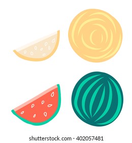 watermelon and melon and a piece of whole fruit. With pely watermelon and cantaloupe on a white background for healthy food advertising. 