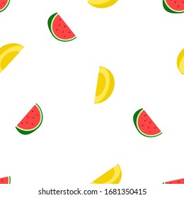 trozos de sandía y melón plegados en un patrón sin fisuras, aislados en un fondo blanco, impresos en tela, para cubiertas, papel tapiz, papel de embalaje