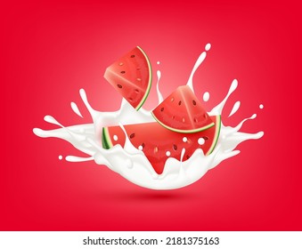 Watermelon milk yogurt splashing isolated on red background. Health concept. Realistic 3d vector illustration. Can used for product design advertising beverage and food products.