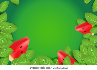 Watermelon and mint leaves background. Summer bright  green frame for poster, flyer,  card, web banner design. 