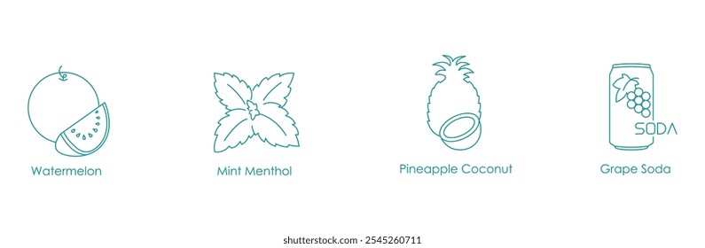 Sandía, mentol de menta, piña de coco, soda de uva Vape Icon Set Ilustración