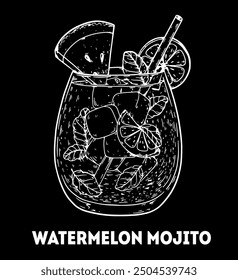 Watermelon mojito cocktail illustration. Hand drawn sketch. Vector illustration. Isolated object.