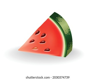 Watermelon natural sweet food. Icon of ripe red fruit cut on slice in 3d realistic cartoon style. Fresh and juicy colorful berry isolated on white background