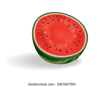 Watermelon natural sweet food. Icon of ripe red fruit cut on slice in 3d realistic cartoon style. Fresh and juicy colorful berry isolated on white background