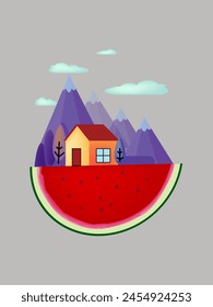 Wassermelone mit Naturkonzept Vektorillustration Hintergrund. Ästhetische Früchte Kollektion Design.