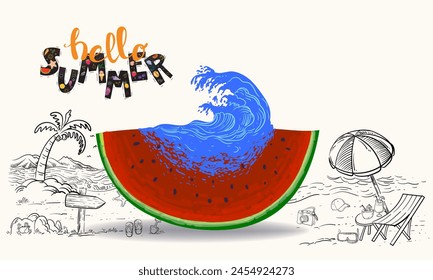 Watermelon with nature concept vector illustration background. Aesthetic fruits collection design.