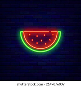 Watermelon neon icon. Summer signboard. Sweet berry. Healthy food design. Fruit shop emblem. Shiny effect banner. Pictogram on brick wall. Luminous label. Editable stroke. Vector stock illustration