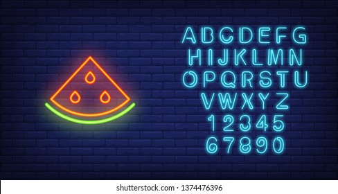 Watermelon neon sign. Slice of fresh watermelon. Night bright advertisement. Vector illustration in neon style for refreshment and fruit