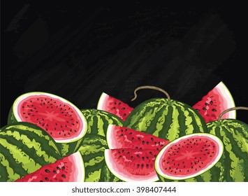 Watermelon on chalkboard background. Watermelon composition, plants and leaves. Organic food. Summer fruit. Fruit background for packaging design.