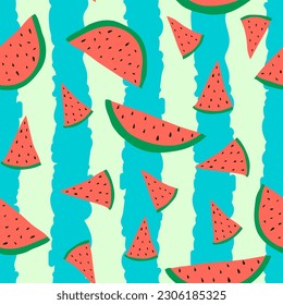 watermelon on dark blue stripes with light green background seamless fruit summer pattern design. Watermelon stripes seamless pattern design. Cool summer pattern design. Suitable for fabric, textile.