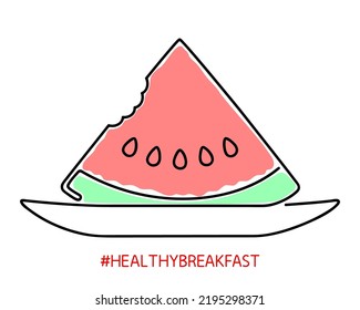 Watermelon on the dish, Healthy breakfast. One continuous line drawing of berry fruit. Healthy Vegan Food concept. Editable Line Art contour on white background. Vector