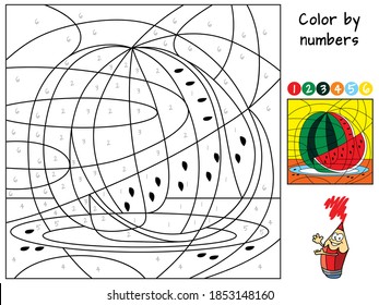 sandía en un plato. Color por números. Libro de colorear. Juego de rompecabezas educativo para niños. Ilustración vectorial de dibujos animados