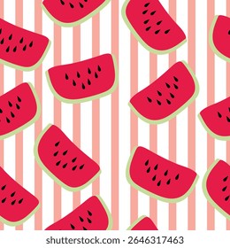Melancia sobre um fundo listrado rosa. Verão padrão sem costura para roupas, tecido, papel de parede, pano de fundo, decoração de casa, livro de capa e arte de parede. 