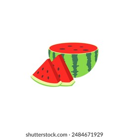 Watermelon on white background, vector illustration. Triangle-shaped watermelon slice isolated on a transparent background. Watermelon icon. Vector illustration