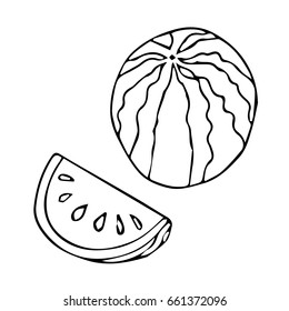 Watermelon on white background vector illustration. Doodle style. Design icon, print, logo, poster, symbol, decor, textile, paper, card. 