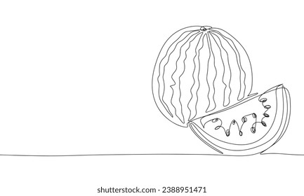 Watermelon one line continuous. Fresh watermelon line art outline. Hand drawn vector art.