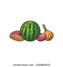 Melón de agua y cebolla, diseño de conjunto de ilustraciones de bombillas vectoriales