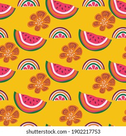 Watermelon and orange slices seamless vector pattern. Bright rainbow surface print design for fabrics, stationery, scrapbook paper, gift wrap, home decor, textiles, backgrounds, and packaging.