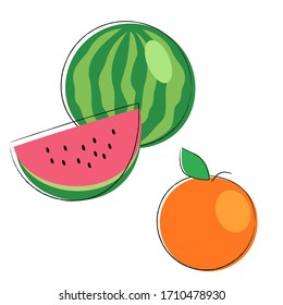 Dibujos vectoriales de sandía y naranja.