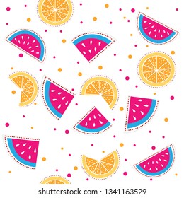 Watermelon and Orange Vector Seamless Pattrern. Colorful tropical fruits seamless pattern.