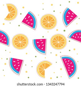 Watermelon and Orange Vector Seamless Pattrern. Colorful tropical fruits seamless pattern.