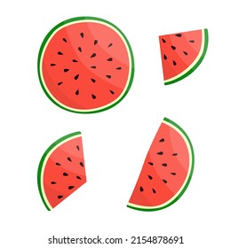 Watermelon organic fresh healthy dessert icon. Element for summer design poster, banner, wallpaper. Flat cartoon style. Set watermelon slice. Isolated on white. Vector stock illustration