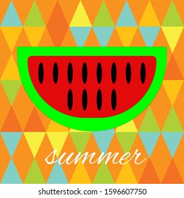 Watermelon over Seamless triangle geometric pattern background vector. Concept of summer. Summer text at the bottom.