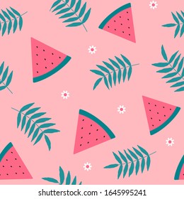 sandía, hoja de palma, torreta de margarita sin costura. Fondo rosa. Diseño para textil, tela, envoltura, papel de chatarra. Vector