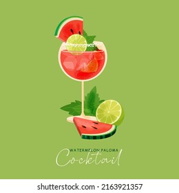 Watermelon paloma cocktail with lime and mint vector on green background. Summer alcohol drink with ice cubes flat style illustration