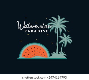 Watermelon Paradise. Summer Surfing Paradise Summer Great waves vector Palm tree, sunset, sunrise, surfboard, vector graphic print design. Summer paradise Vibes. Summer Watermelon Fruit.