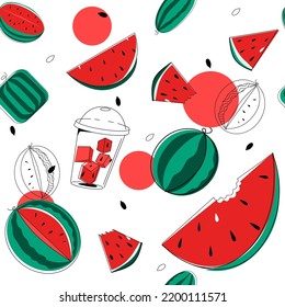 Watermelon pattern. Bright juicy slices of watermelon, a glass of sliced watermelon. Vector illustration isolated on a white background.