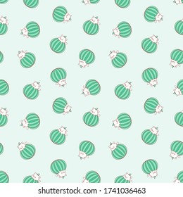 Wassermelonmuster Illustration von süßen weißen Kätzchen mit Wassermelonen auf einem hellgrünen Hintergrund. Vektor 8 EPS.