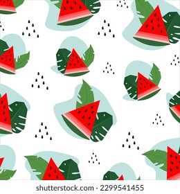 Watermelon pattern. Juicy summer fruit, tropical leaves, vibrant colors. Vector simple design.