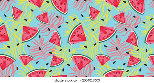 Watermelon pattern with leaves. Summer pattern. Watermelon background. Vector seamless pattern. 