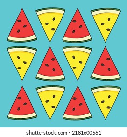 Watermelon pattern on blue background. Vector red watermelon. Perfect for art, postcards, cards, wall decor, t-shirts, cards, prints, drawing books, coloring books, wallpaper, prints, cards, ect.
