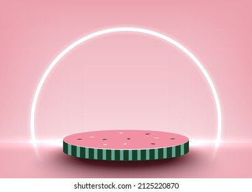 Watermelon pattern podium blank space for product display decorative with round-shaped neon lighting on Pink background. Minimal style. Vector illustration.