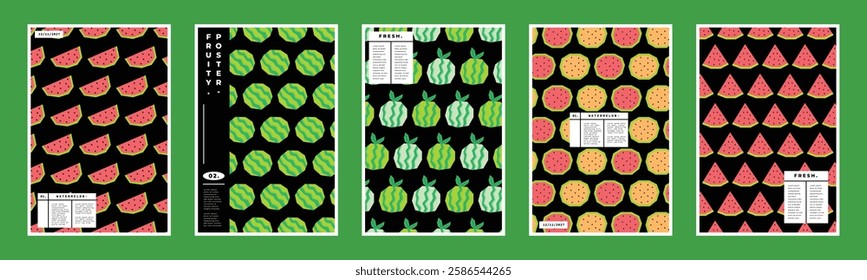 Watermelon pattern poster design collection. Fresh fruit slices cover background template set.