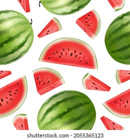 Watermelon pattern. Realistic delicious berry healthy food decent vector seamless background for textile design projects