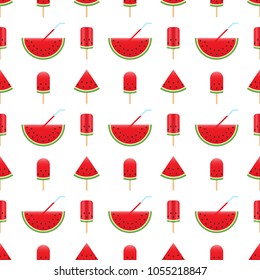 Watermelon pattern seamless isolated on white background. Watermelon on a stick. A simple design for summer pattern. Vector illustration.