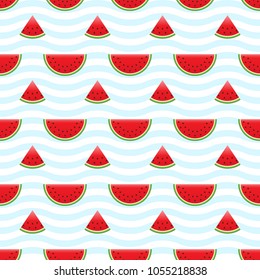 Watermelon pattern seamless on blue wave background. Pattern design for summer background image or fashion minimalist design, fabric, wallpaper, gift wrapping paper etc. Vector illustration.