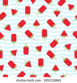 Watermelon pattern seamless on blue wave background. Watermelon on a stick. A simple design for summer pattern. Vector illustration.