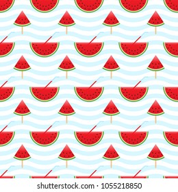 Watermelon pattern seamless on blue wave background. Watermelon on a stick. A simple design for summer pattern. Vector illustration.