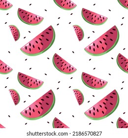 Wassermelonmuster. Nahtlose Wassermelonen-Scheiben und Samen verstreut für Stoff- oder Verpackungsdruck. 