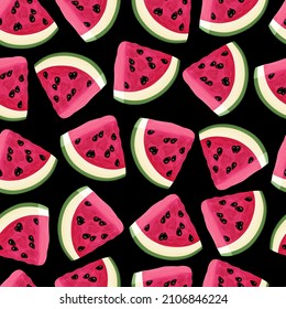 Watermelon pattern. Summer fruit background. Watermelon slice print. Juicy fruit backdrop. Ripe, fresh colorful fruit n black background. Textile, fabric texture. Watermelon wallpaper.