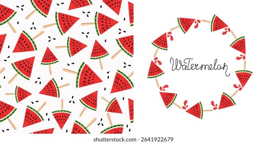 Watermelon pattern, summer, seamless background. Banner, round frame with hand lettering. Slices of food. Cut juicy fruit, berries. Cold dessert. Diet food. Repeating background. Harvest.
