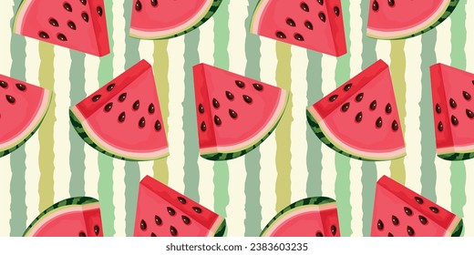 Watermelon pattern vector, Cartoon fresh green open watermelon half, slices and triangles. Red watermelon piece with bite. Sliced cocktail water melon fruit vector set